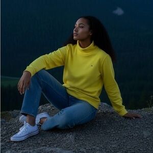 Tommy Hilfiger Womens Pullover Sweater Soft Fleece S Yellow Comfy Casual